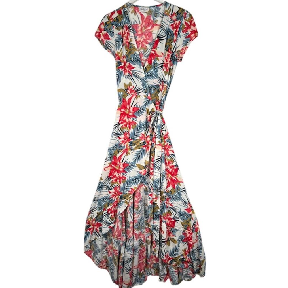 XIX Palms Women's Floral Print Wrap Dress 3 M/L Ruffle Hem Short Sleeve Summer